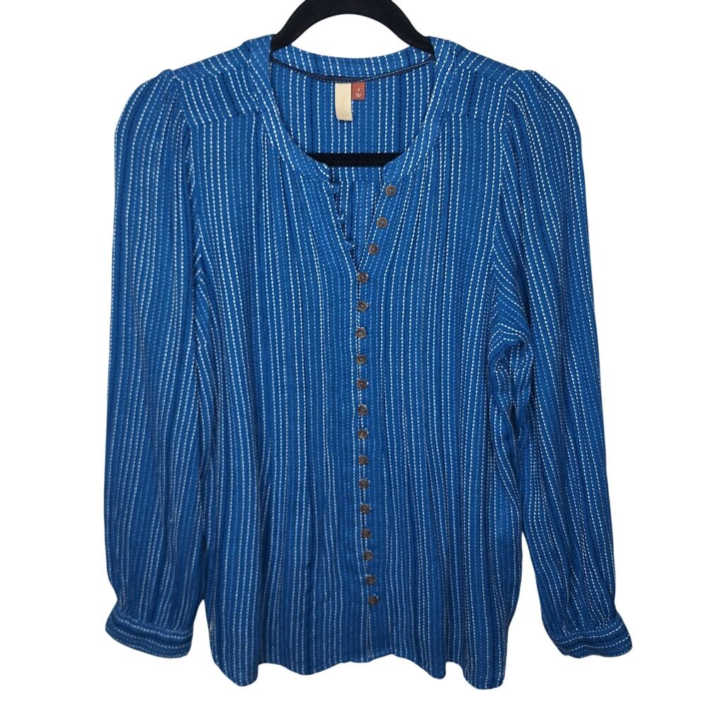 Anthropologie Pilcro Pintuck Top Long Sleeve Button-Down Small Striped Career